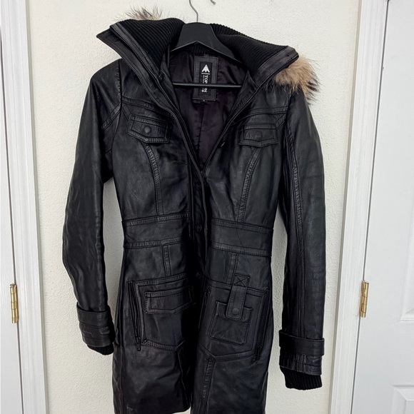 Top Gun Jackets & Blazers - Top Gun Women’s Black Leather Long Coat Jacket Fur Hood S Genuine Leather